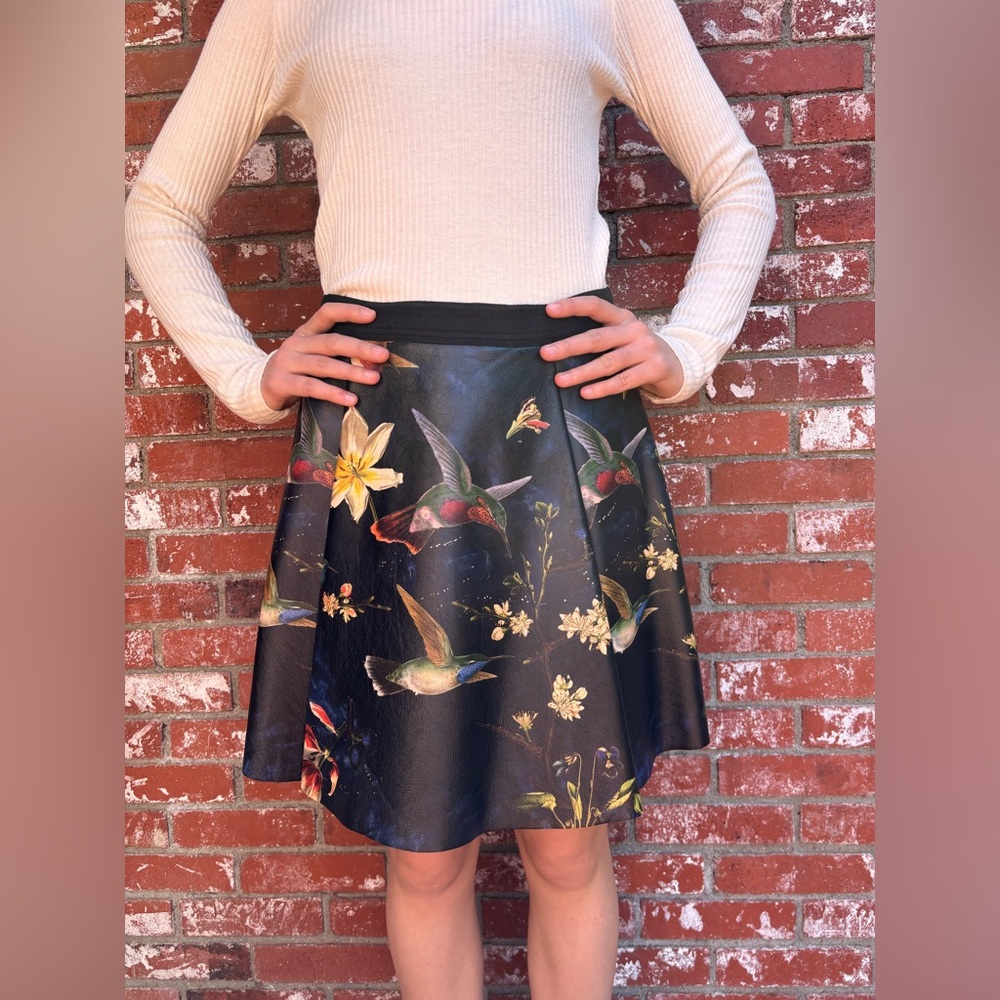 Floral painted Black leather Skirt
